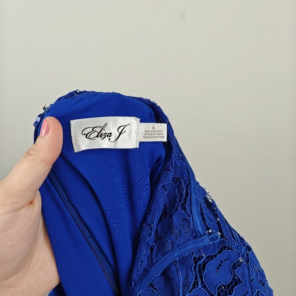 ELIZA J NWOT Cobalt Blue Sheer Lace Ruffle Peplum 3/4 Sleeve Cocktail Dress Sz 6 - Picture 14 of 14